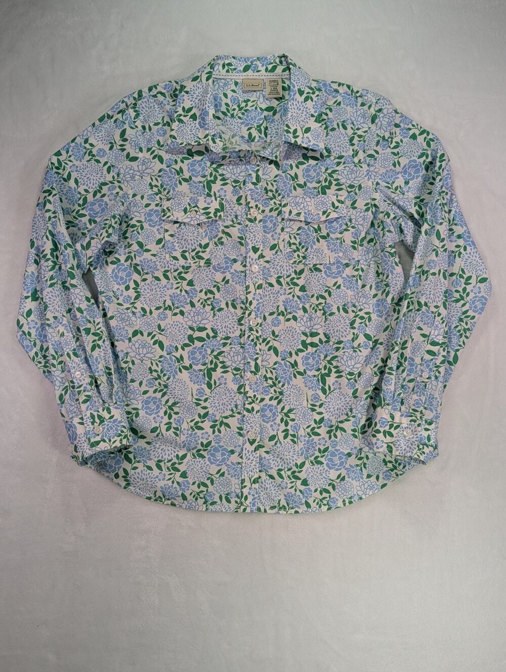 VTG L.L. Bean Womens Sz L Blue Green Floral Utility Shirt Roll Tab Long Sleeve